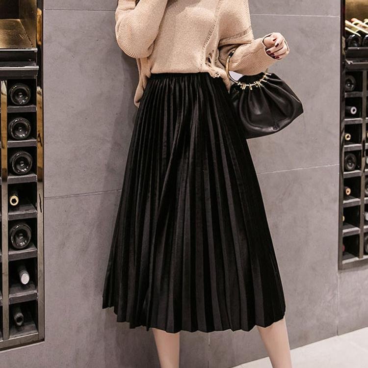 Jupe longue plissée en velours, taille haute, slim, métallique, 3xl, automne et hiver