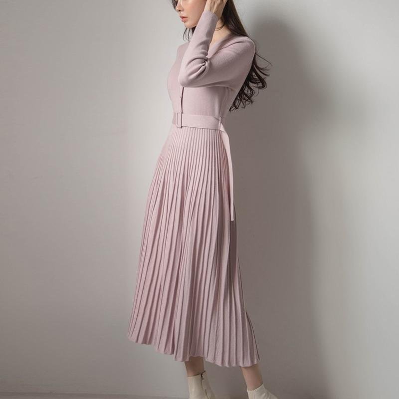 BGTEEVER – robe trapèze épaisse à simple boutonnage pour femme, élégante, col en v, douce, tricotée, avec ceinture, collection automne-hiver 2021