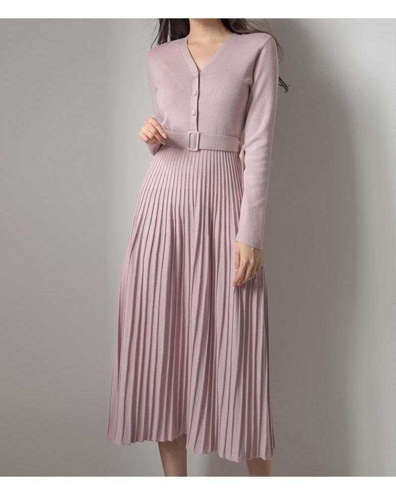 BGTEEVER – robe trapèze épaisse à simple boutonnage pour femme, élégante, col en v, douce, tricotée, avec ceinture, collection automne-hiver 2021