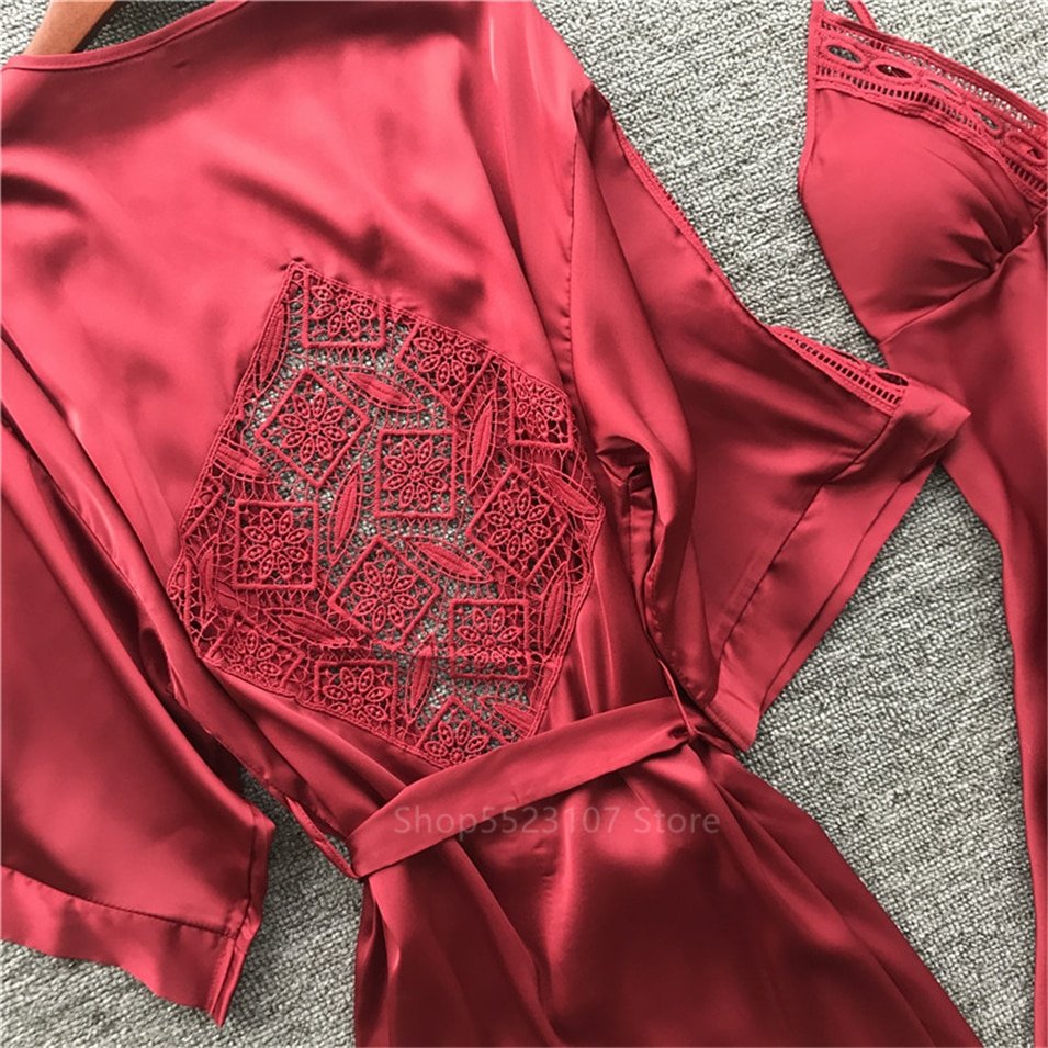 Ensemble pyjama en Satin rouge brodé pour femmes, Robe de nuit avec coussinets de poitrine, Sexy, vêtements de maison, 2 pièces, 2021