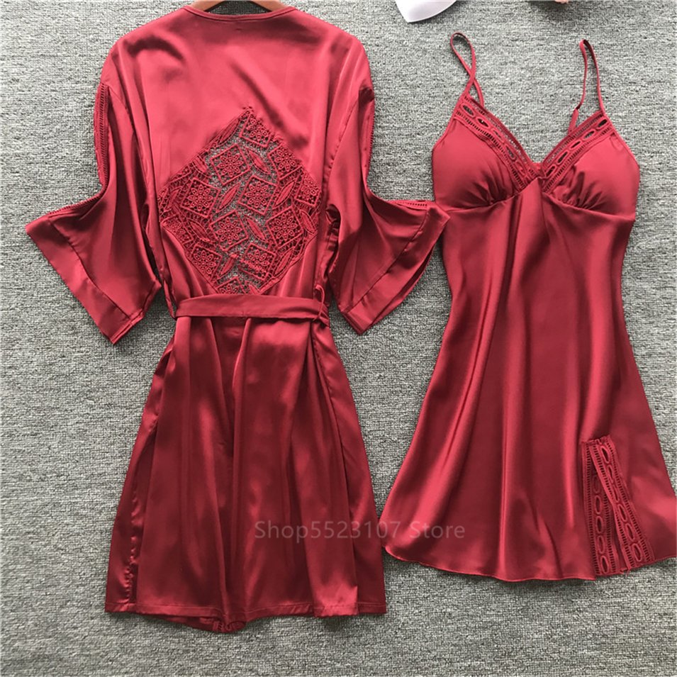 Ensemble pyjama en Satin rouge brodé pour femmes, Robe de nuit avec coussinets de poitrine, Sexy, vêtements de maison, 2 pièces, 2021