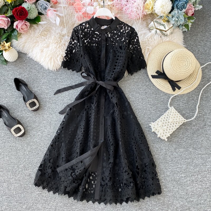 Robe élégante en dentelle ajourée pour femmes, tenue de bureau, couleur unie, col rond, boutons, ceintures, mi-longue, manches courtes, Chic, été