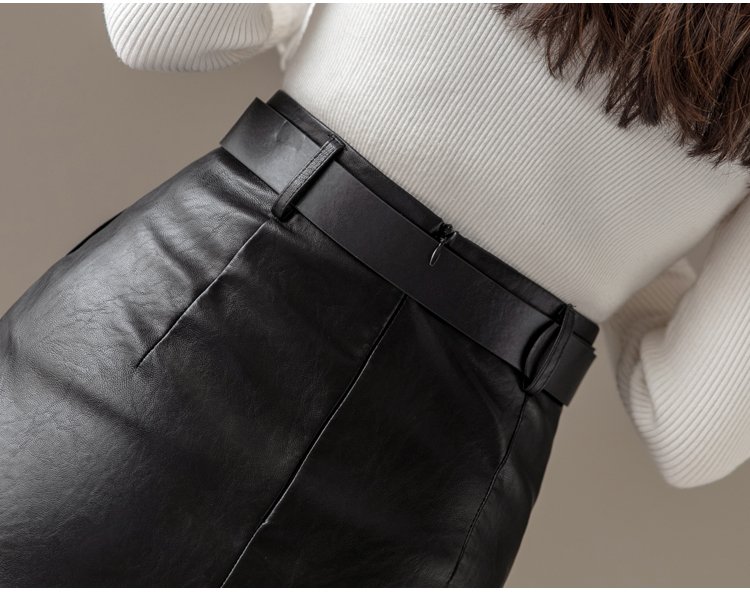 REALEFT – jupe crayon élégante en cuir PU noir, automne hiver, Midi, poches, taille haute, fendue dans le dos, avec ceinture