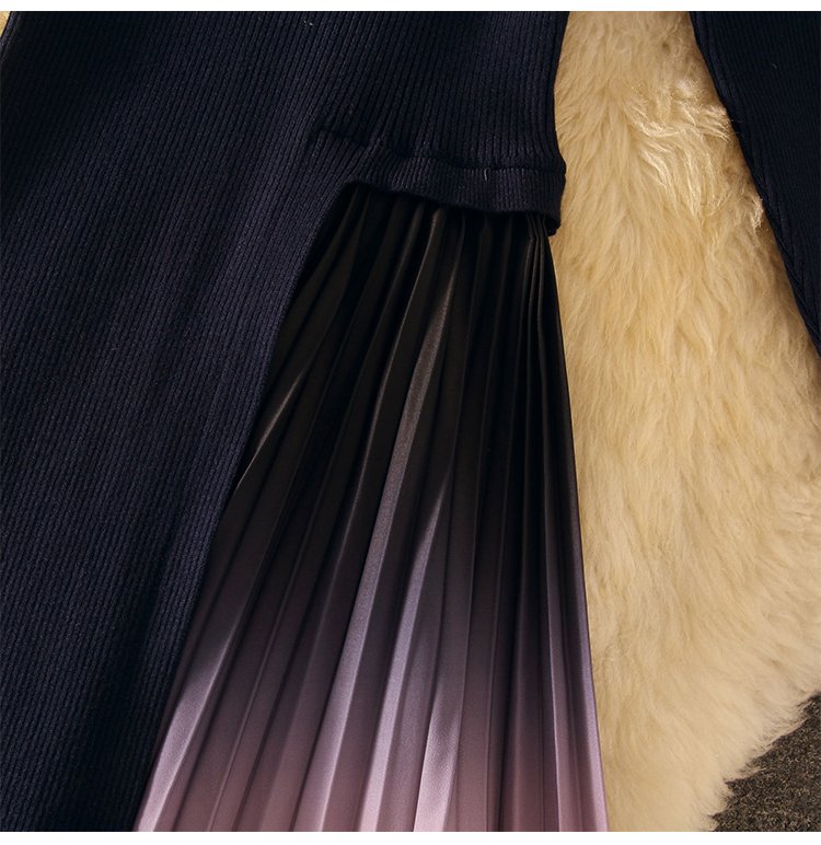 Robe plissée en tricot pour femmes, élégante, longueur aux genoux, patchwork, col rond, manches longues, robe de soirée, automne hiver