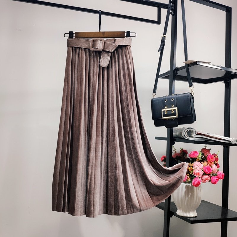 REALEFT – jupes longues plissées en velours, Chic, taille haute, avec ceinture, Style coréen, pour femmes, nouvelle collection automne hiver 2021
