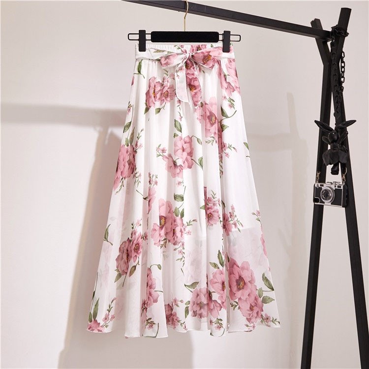 Jupes en mousseline à imprimé floral et coupe vintage pour femme, vêtement de style streetwear coréen estival, ligne rose à taille haute et coupe midi