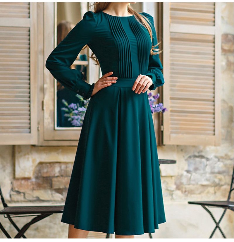 S.FLAVOR – robe Midi plissée à manches longues pour femme, Vintage, couleur unie, verte, élégante, décontractée, automne, hiver, 2021