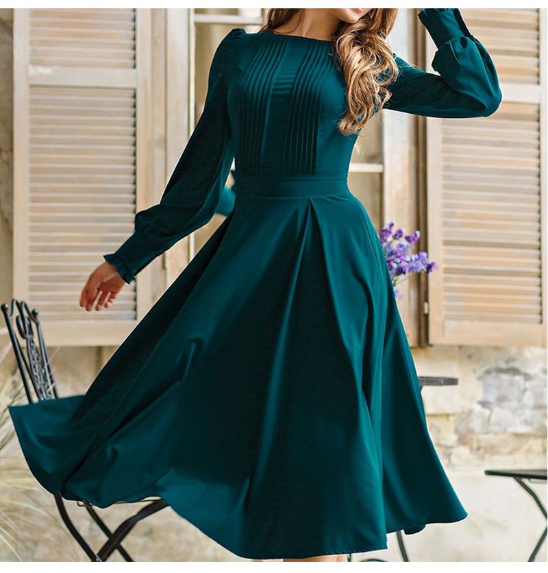 S.FLAVOR – robe Midi plissée à manches longues pour femme, Vintage, couleur unie, verte, élégante, décontractée, automne, hiver, 2021