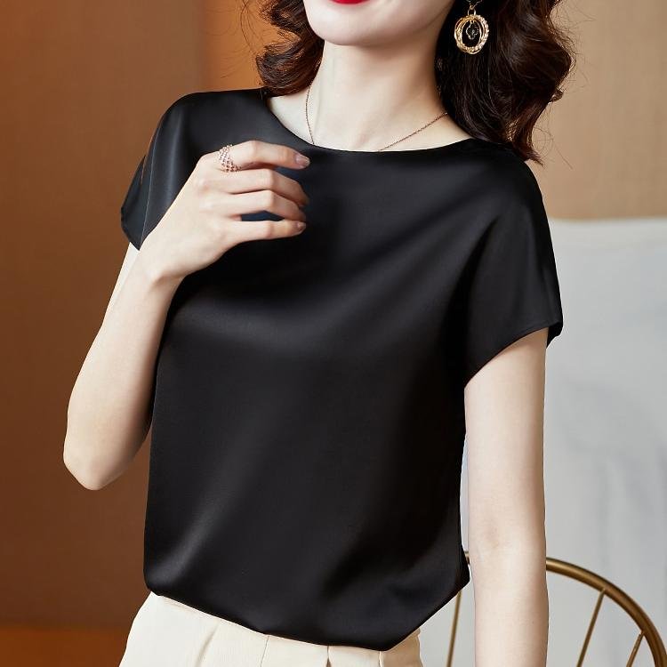 T-shirts d'été en soie pour femmes, Tops en Satin Vintage à manches courtes, mode coréenne pour femmes, chemises de bureau amples