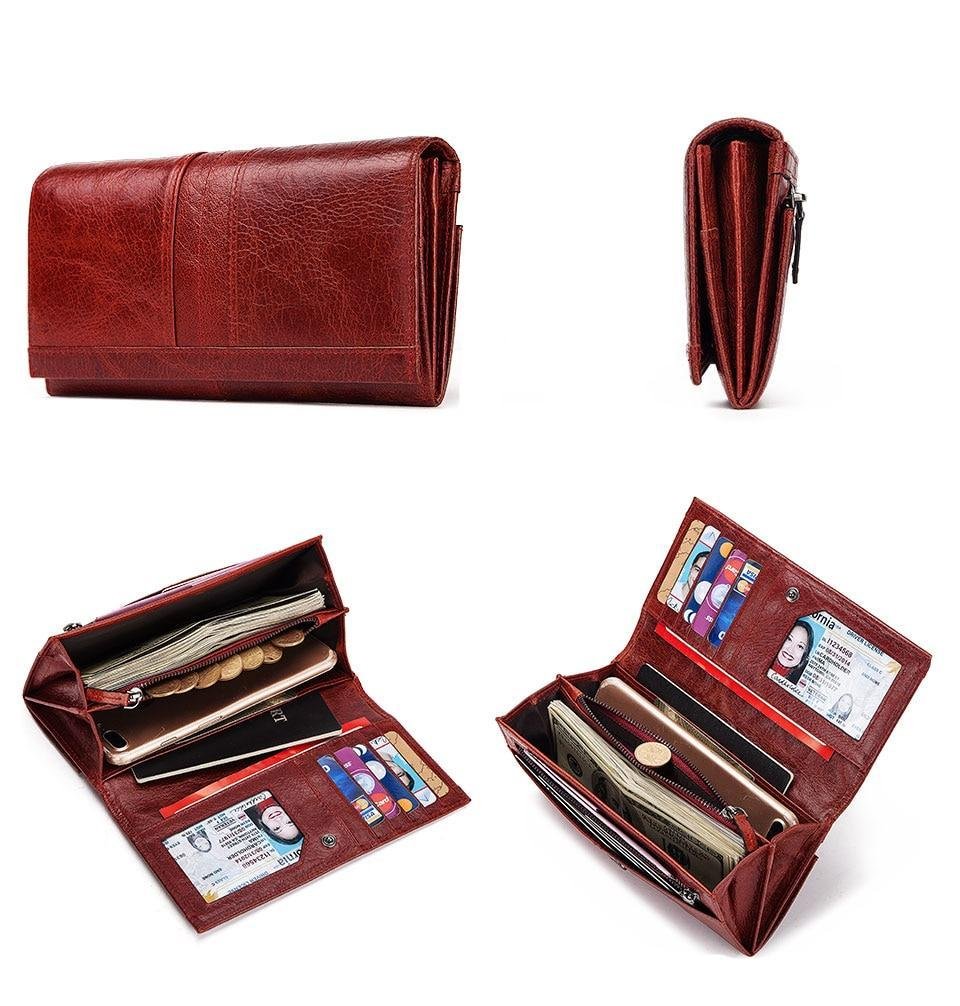 KAVIS – Long porte-monnaie pratique en cuir véritable pour femme, pochette pour argent, sac à main, pour passeport, avec support pour téléphone portable et carte