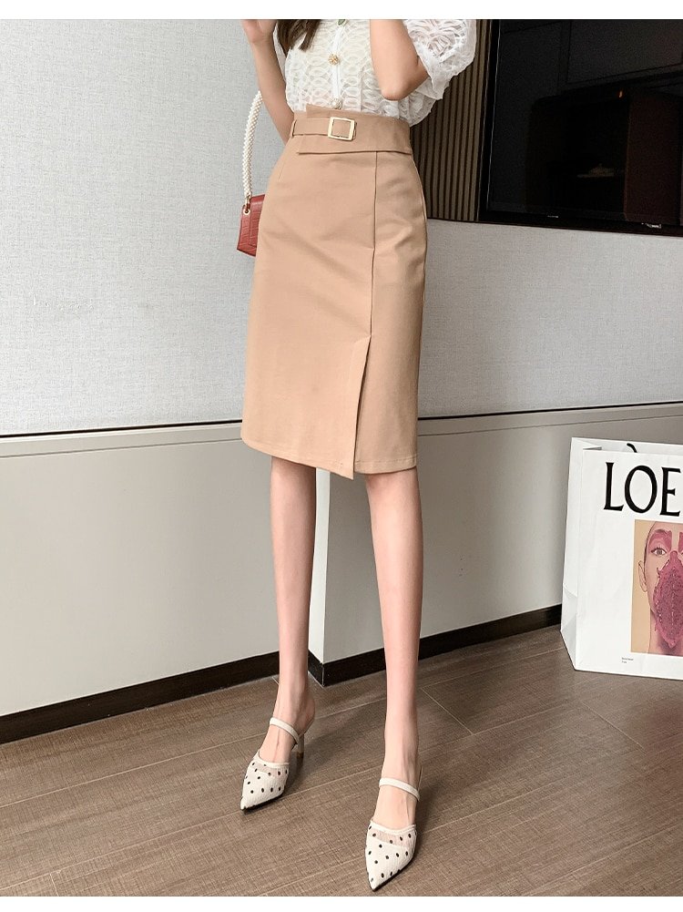 Jupe Midi élégante fendue, taille haute, pour femme, tenue de bureau, extensible, noire, kaki, automne 2021