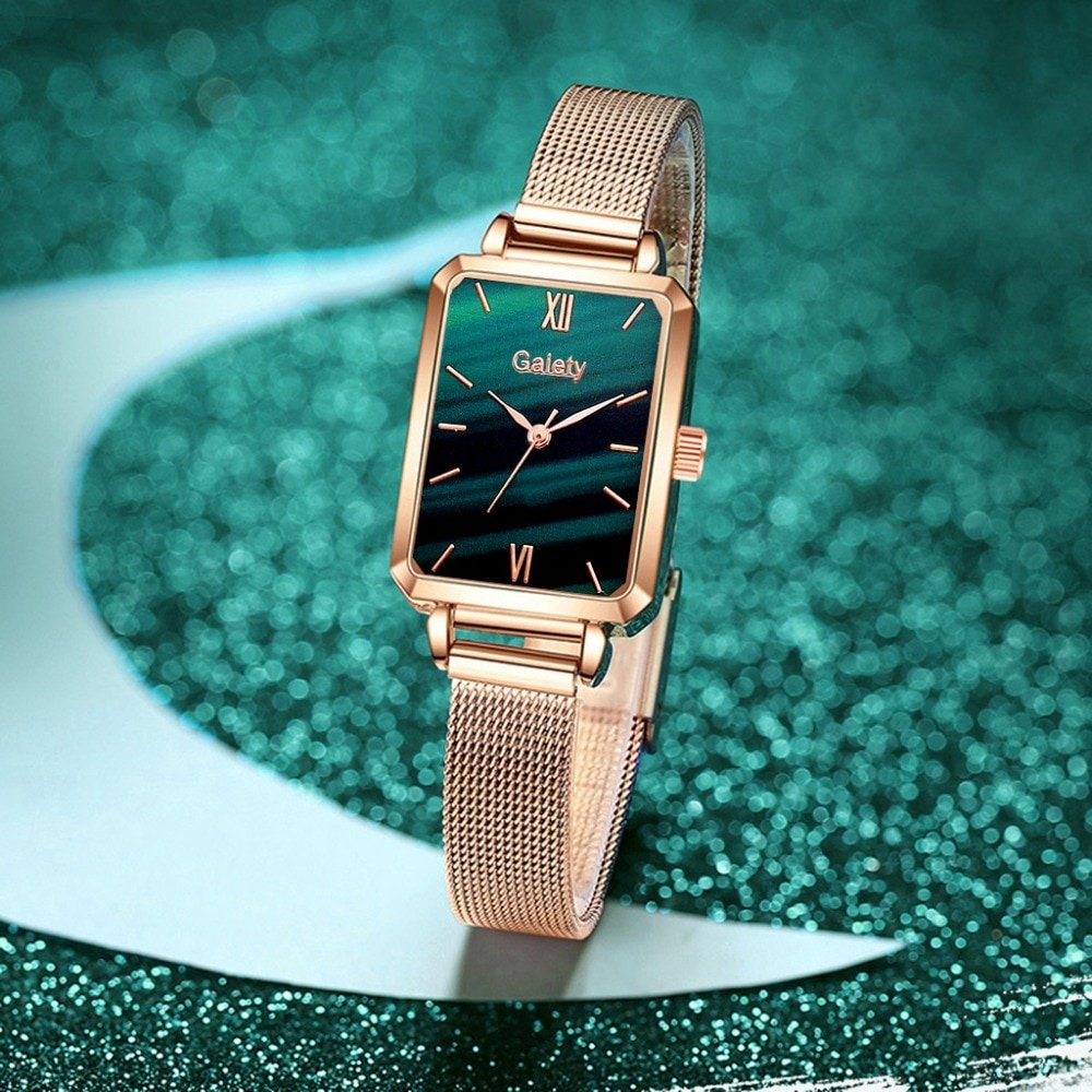 Gaiety – montre à Quartz pour femmes, ensemble de bracelets, cadran vert, Simple, maille or Rose, à la mode