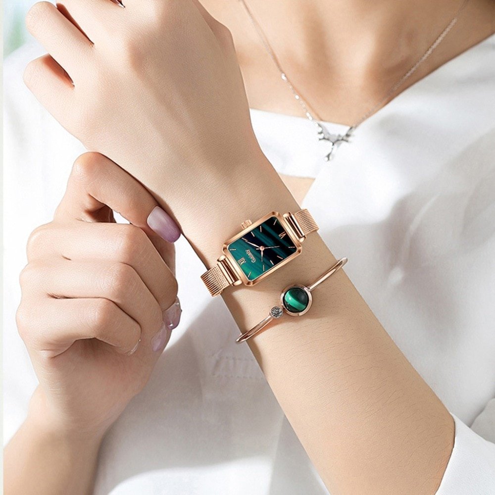 Gaiety – montre à Quartz pour femmes, ensemble de bracelets, cadran vert, Simple, maille or Rose, à la mode