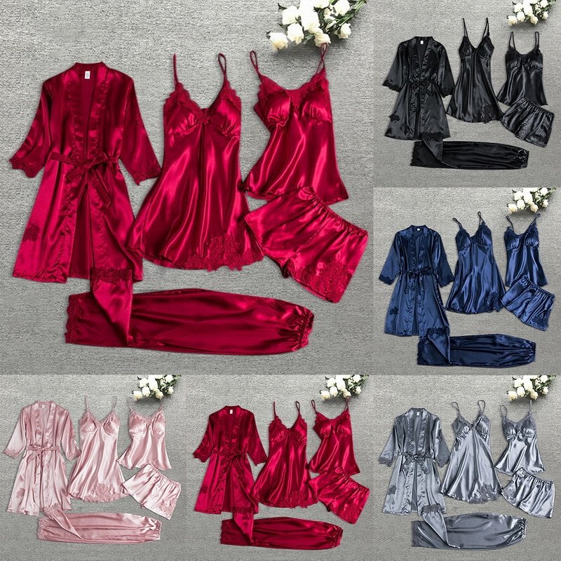 Pyjama en soie et dentelle pour femme, vêtements de nuit Sexy, à la mode, 4 pièces, nouvelle collection printemps automne