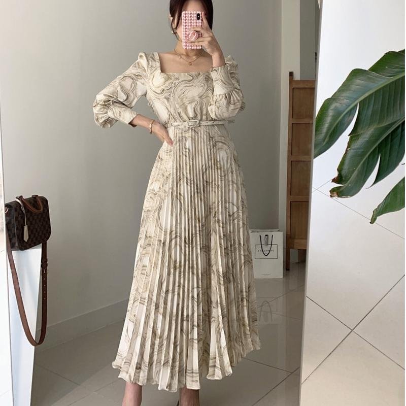 BGTEEVER – robe plissée à col carré pour femmes, élégante, manches longues, Slim, ceinture, imprimée, 2021