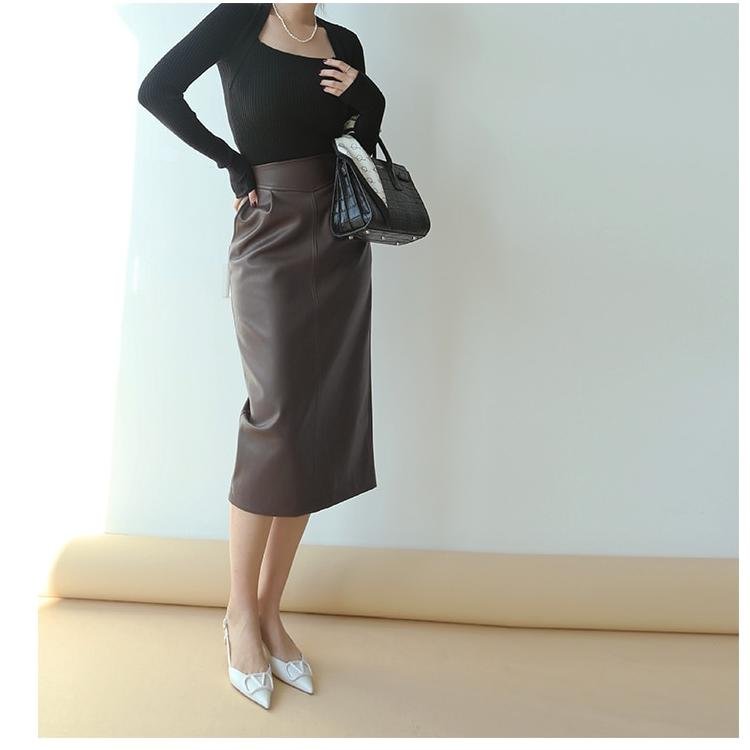 Nerazzurri – jupe longue en cuir mi-longue pour femme, taille haute, marron, blanc, noir, fermeture éclair sur le côté, 7xl, printemps 2021