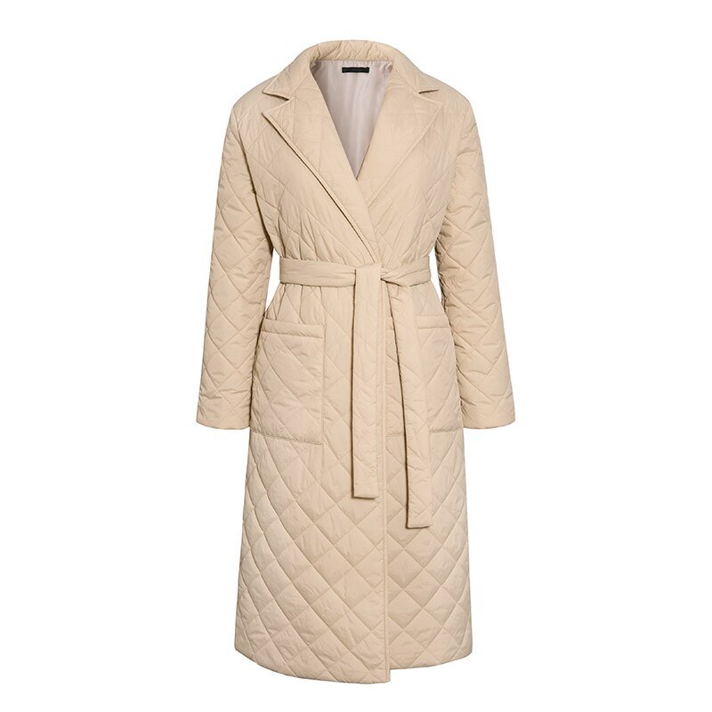 Manteau d'hiver Long droit avec motif losange pour femmes, ceintures décontractées, parkas poches profondes, col sur mesure, vêtements d'extérieur élégants