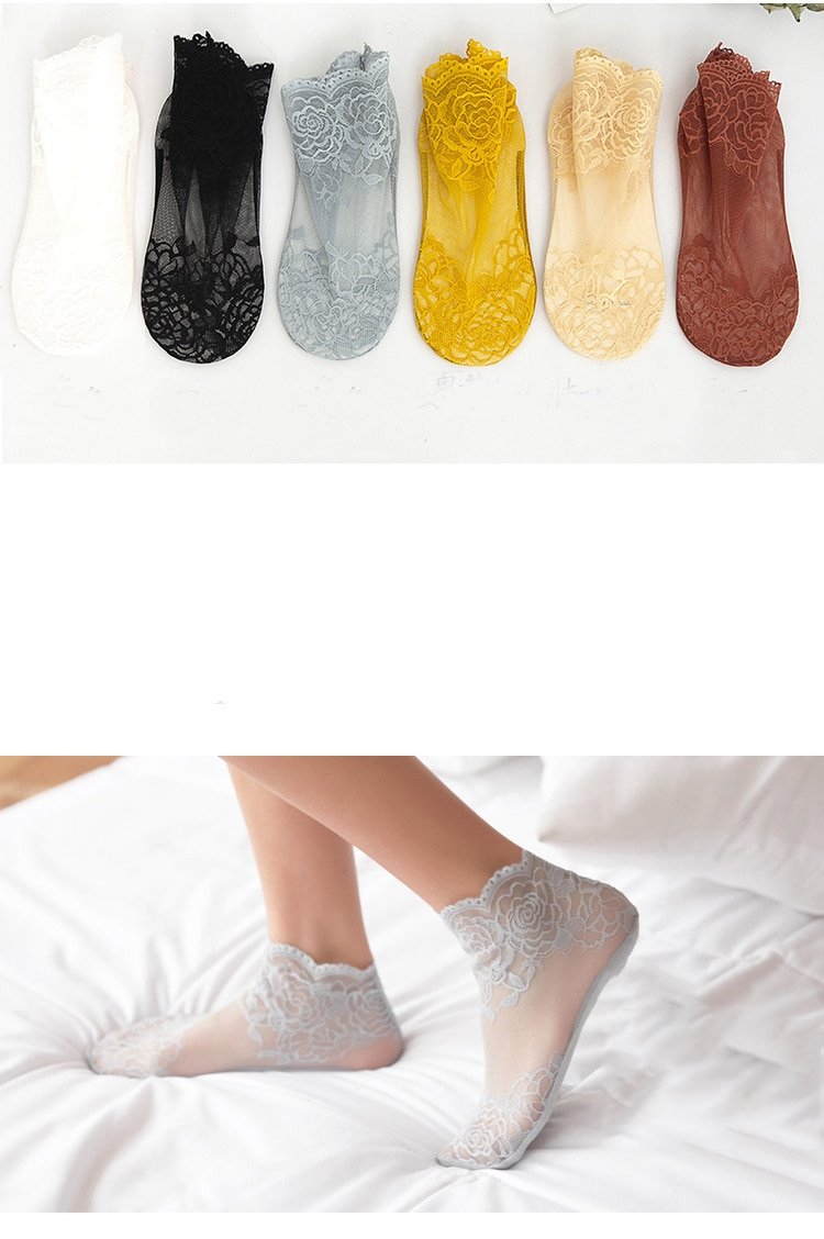 5 paires de chaussettes pour femmes, nouvelle collection été, colorées, en dentelle florale, cheville, Style palais, fines, transparentes, solides, mignonnes