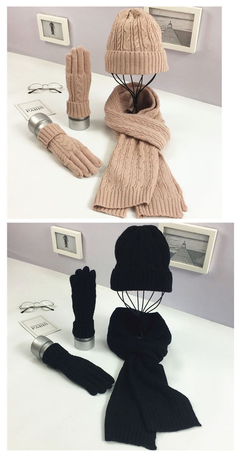 Ensemble d'écharpe pour femme, chapeau, gants, tricoté, garde au chaud, Simple, couleur unie, accessoires pour vêtements, épais et doux, collection hiver