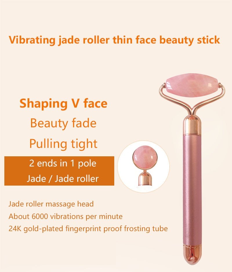 Rouleau de Jade électrique vibrant 2 en 1 en Quartz Rose naturel, outil de Massage de beauté pour le visage