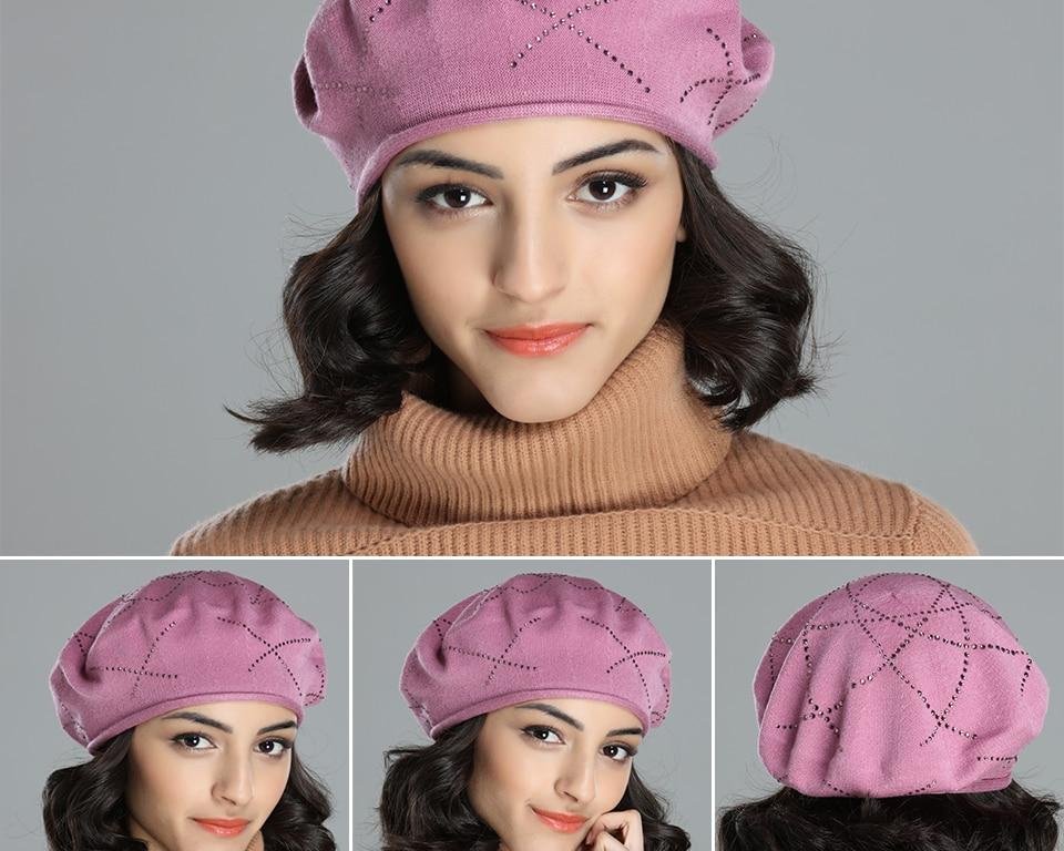 Béret en coton tricoté pour femme, casquette extensible, couleur unie, nouveau style, avec strass, décoration