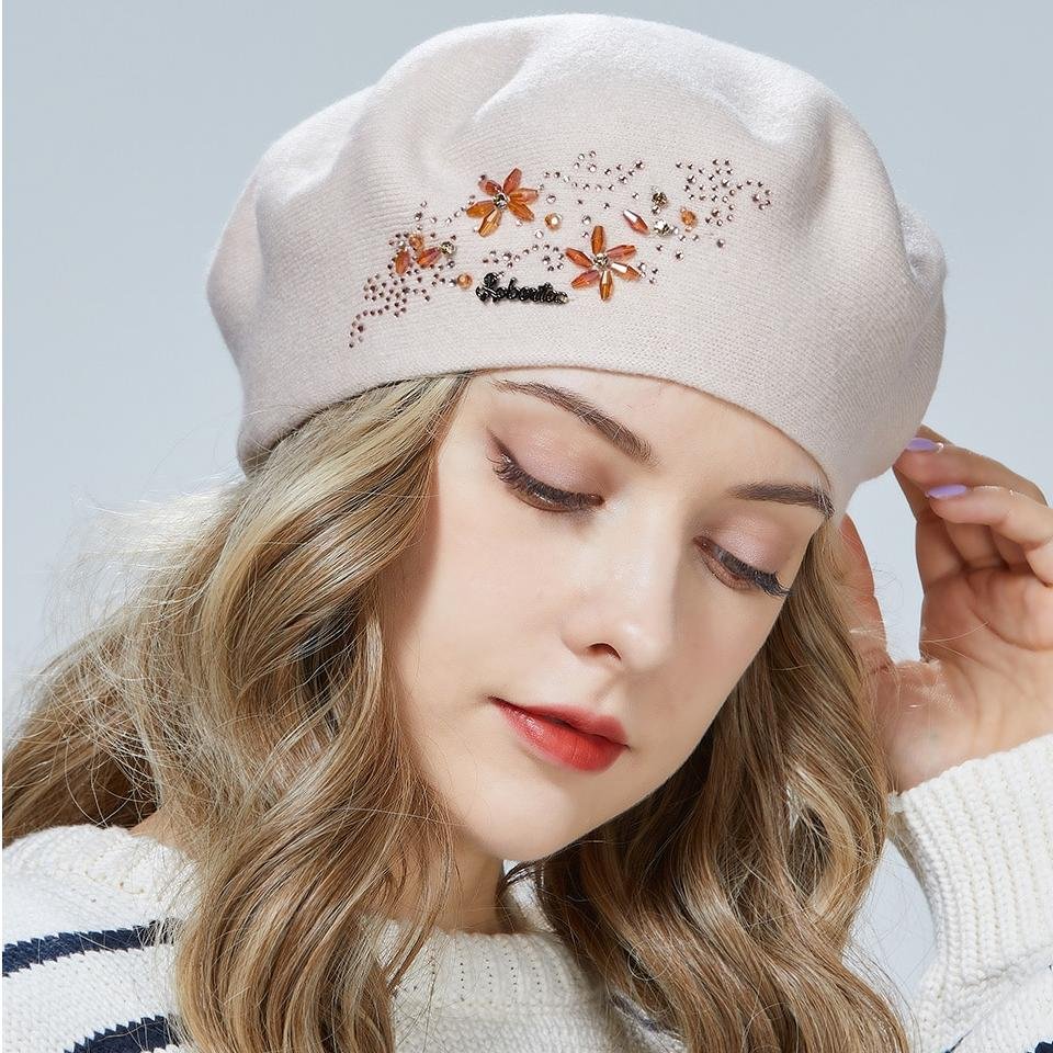 Chapeau tricoté en laine pour femmes, bérets tricotés avec des diamants de l'alphabet et une décoration en diamant coloré, nouvelle collection automne et hiver
