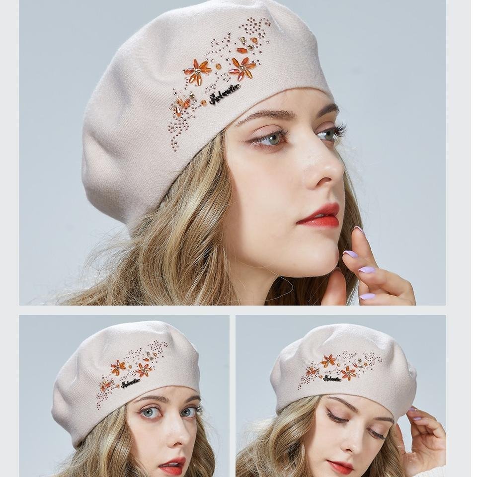 Chapeau tricoté en laine pour femmes, bérets tricotés avec des diamants de l'alphabet et une décoration en diamant coloré, nouvelle collection automne et hiver