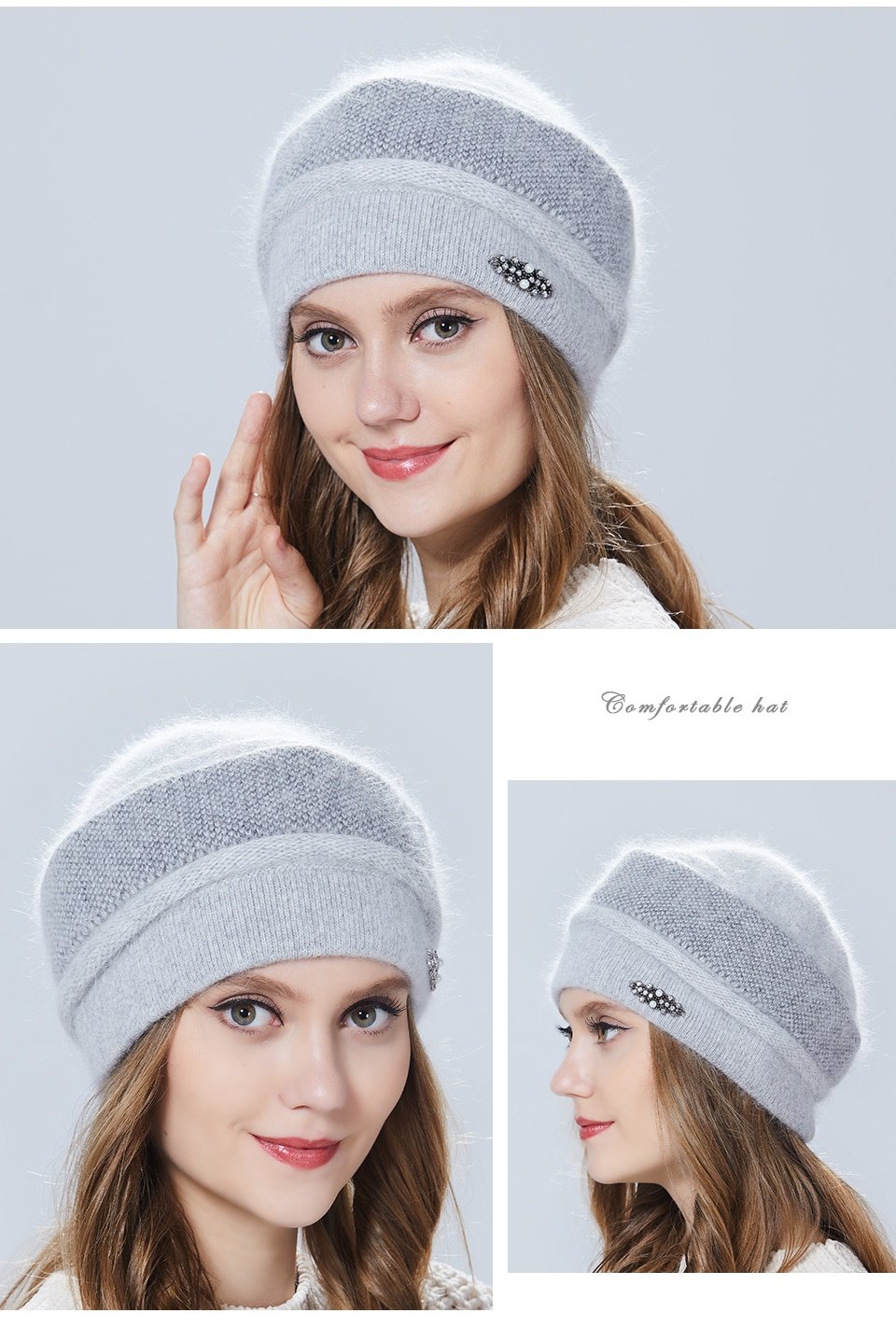 Chapeau d'hiver tricoté en laine Angora pour femmes, ornement, double chapeau chaud
