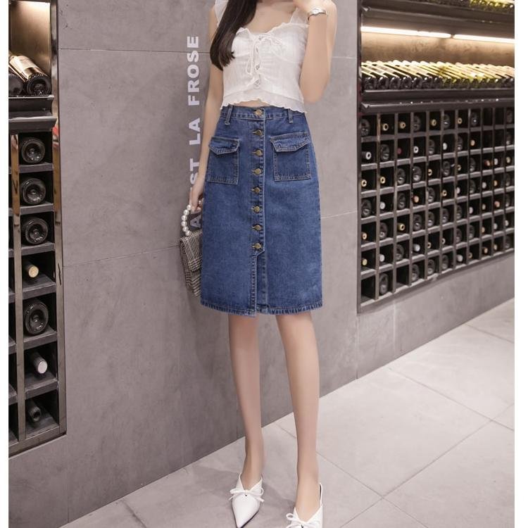 Jielur taille haute Denim jupes grande taille boutons poches classique jean Jupe pour les femmes S-5XL mode coréenne élégante Jupe Femme
