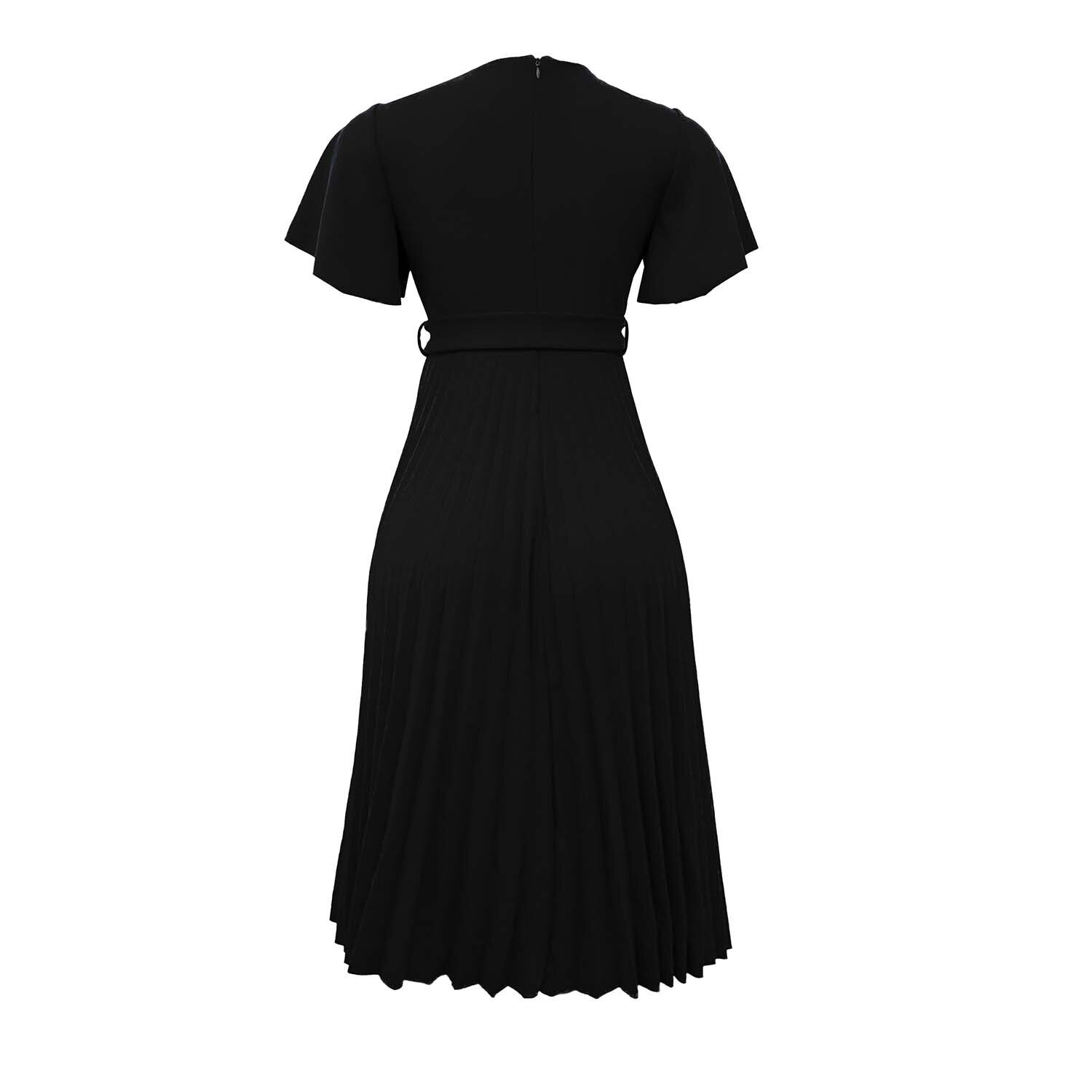 Robe plissée de bureau pour femmes, tenue noire, à manches courtes, à col en v, avec Blet, collection été 2021