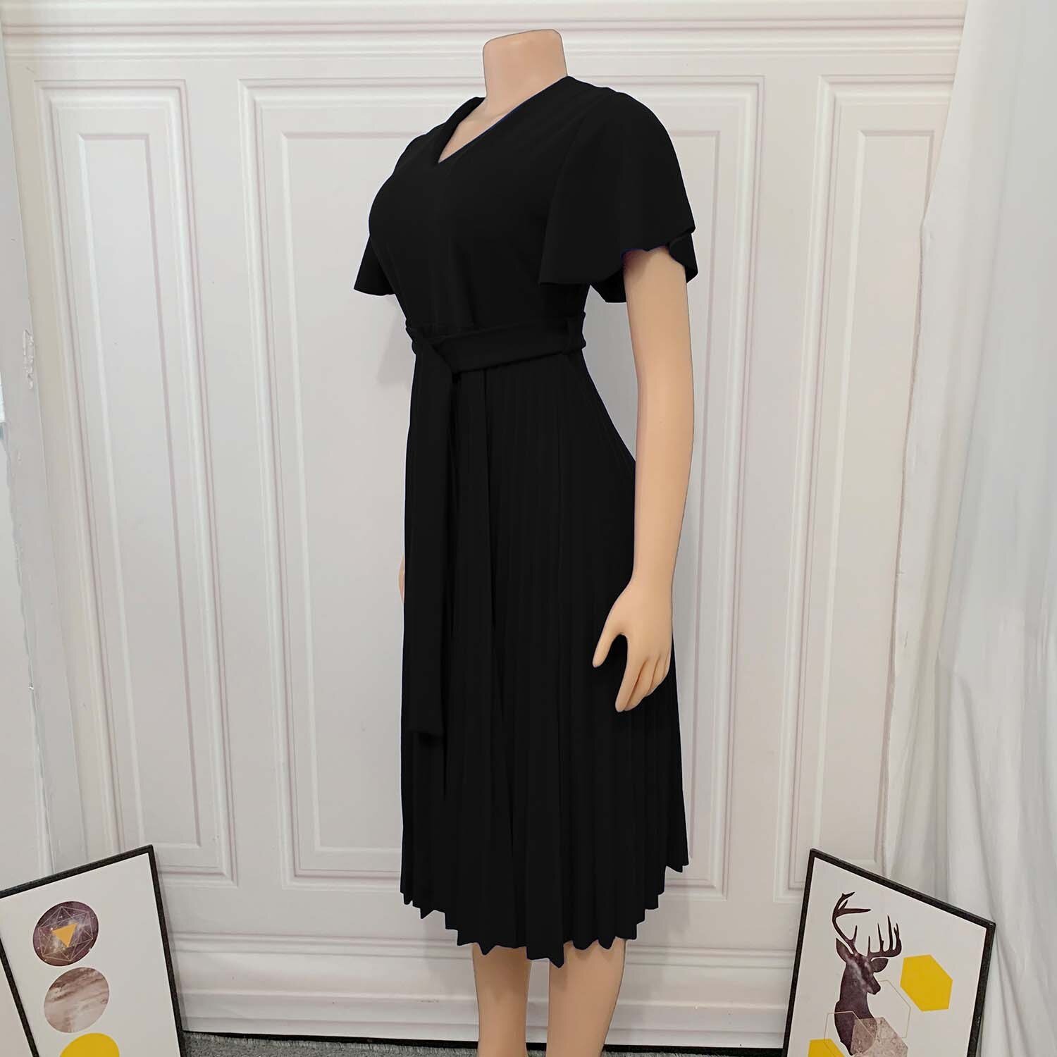 Robe plissée de bureau pour femmes, tenue noire, à manches courtes, à col en v, avec Blet, collection été 2021