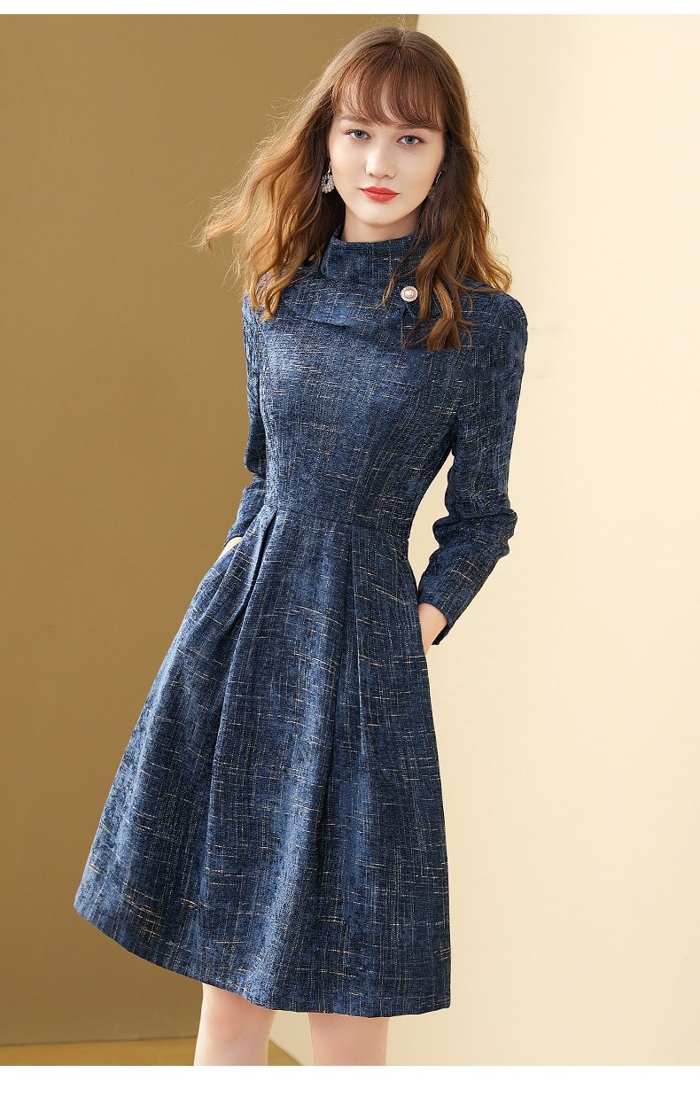 Only Plus – robe en laine à carreaux bleu, Slim, col mi-haut, ligne a, tenue de bureau élégante, décontractée, hiver