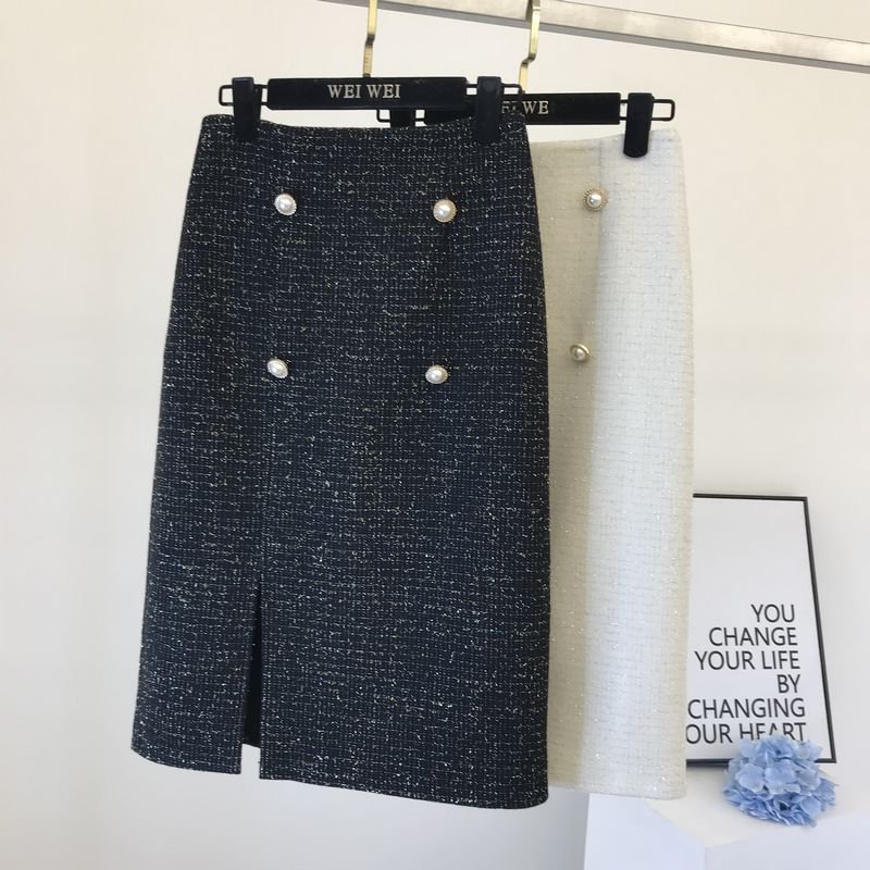 Vinatge – jupe en laine tweed pour femmes, petite jupe parfumée, taille haute, double boutonnage, ligne a