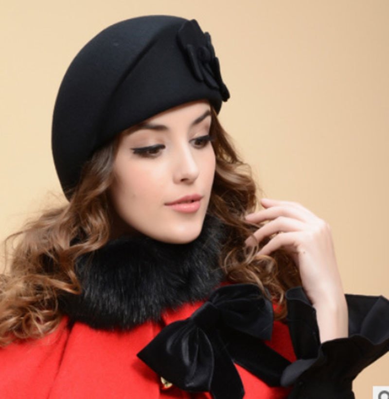 Béret d'hiver en laine 100% pour femme, béret en feutre Floral, bonnet fedora, fleur