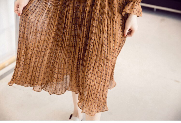 Robe longue plissée en mousseline de soie pour femmes, à manches longues, imprimée, à la mode, nouvelle collection printemps été, 7882 50
