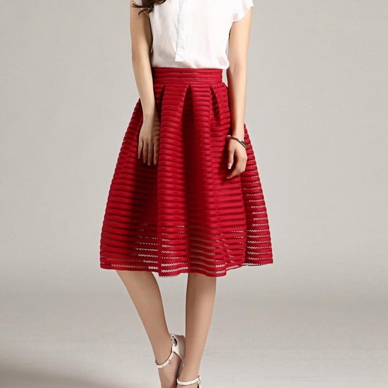 Longue jupe rouge unie, grande taille, Style Vintage, jupes pour femmes, décontractées, ajouré, duveteux, plissée, robe de bal, été, 2021