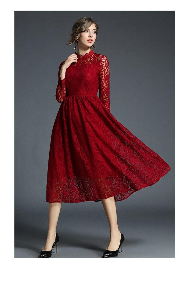 ANASUNMOON – robe de soirée en dentelle, couleur unie, ajourée, motif Floral, ligne a, manches longues, mi-mollet, Sexy, printemps
