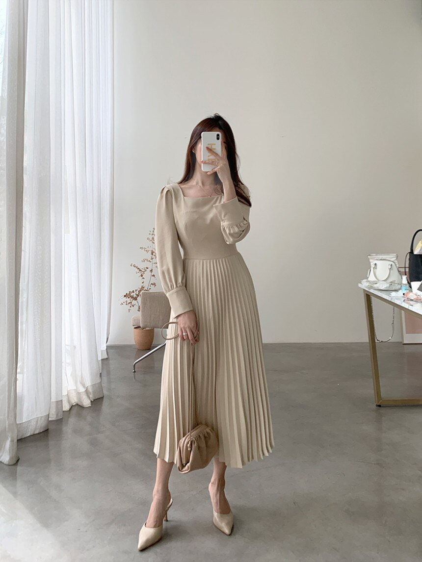 Robe de soirée plissée Vintage pour femmes, style coréen, tenue de soirée Chic, manches longues, décontractée, moulante, nouvelle collection automne 2021