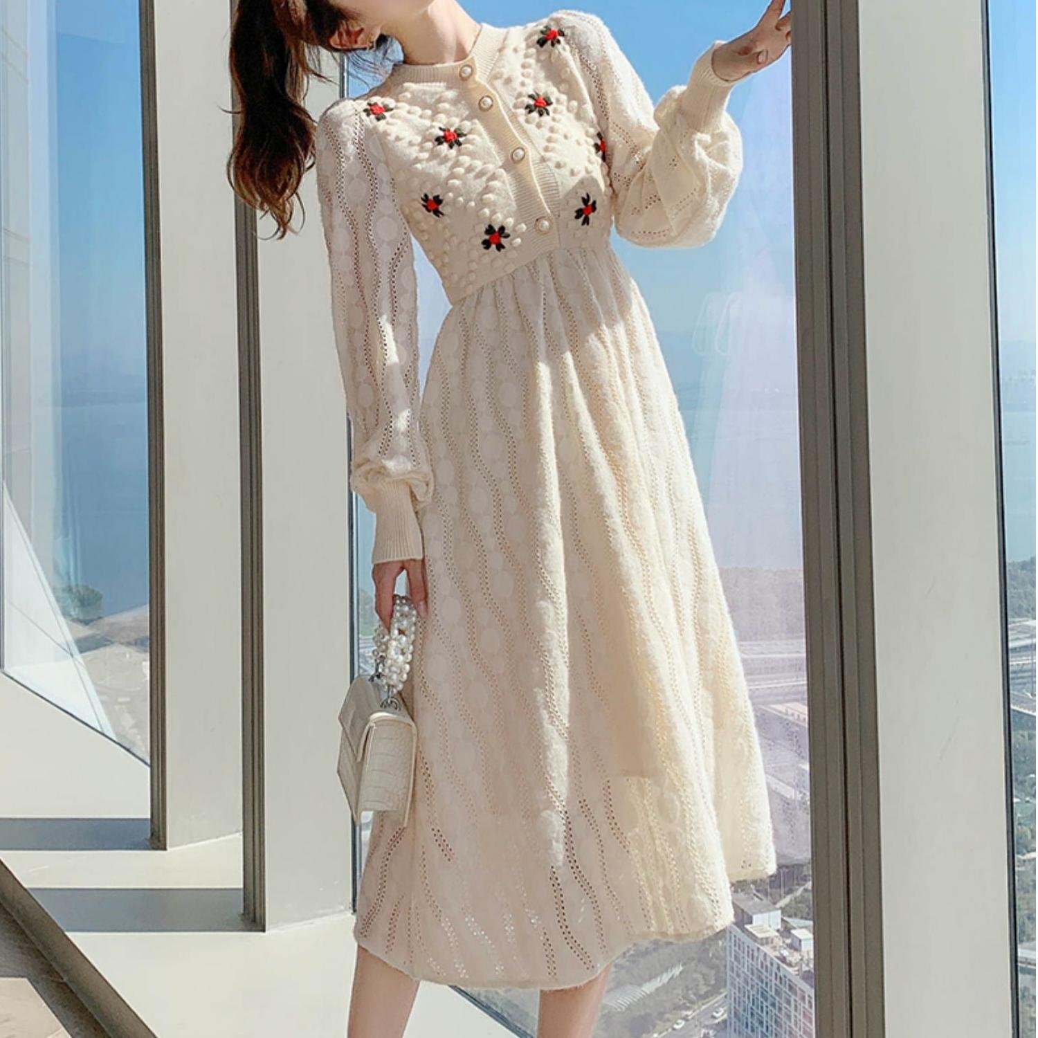 Robe longue en laine brodée pour femme, pull tricoté, manches longues, Slim, Style coréen, tenue de soirée, automne hiver, 2021