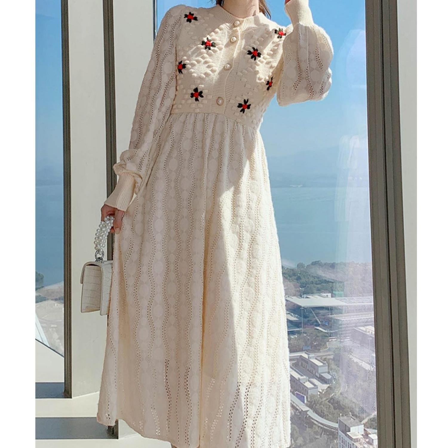 Robe longue en laine brodée pour femme, pull tricoté, manches longues, Slim, Style coréen, tenue de soirée, automne hiver, 2021
