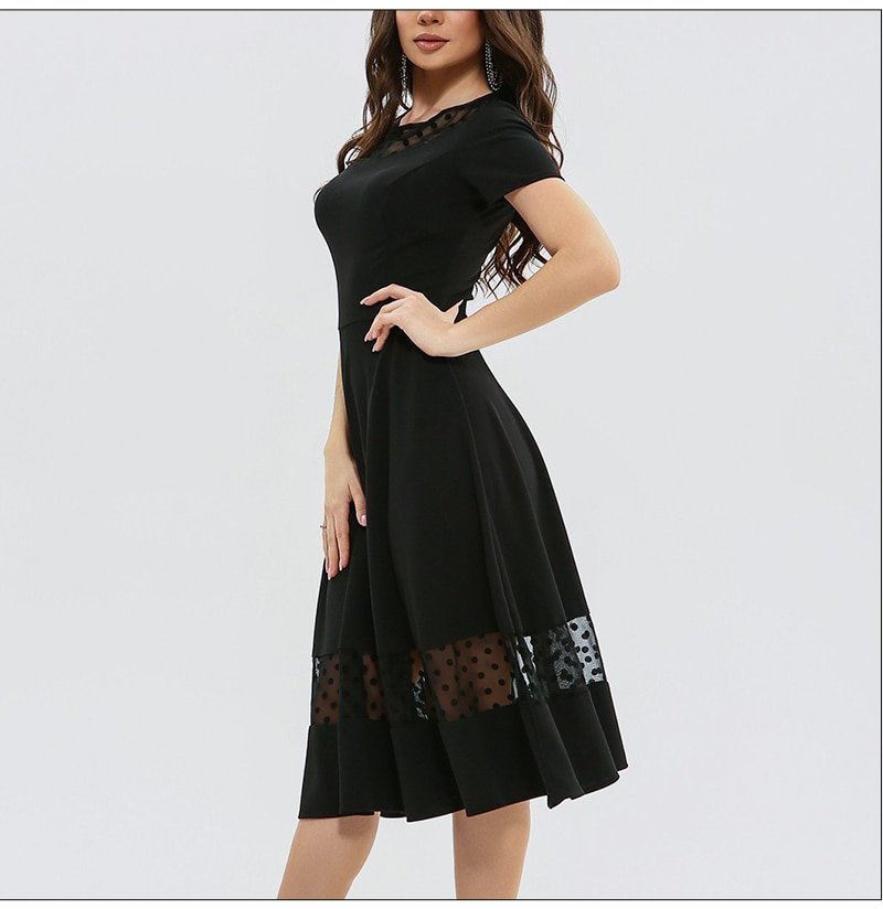 S.FLAVOR – robe mi-longue noire à manches courtes pour femmes, tenue d'été élégante en dentelle Patchwork, à la mode, robes De tous les jours