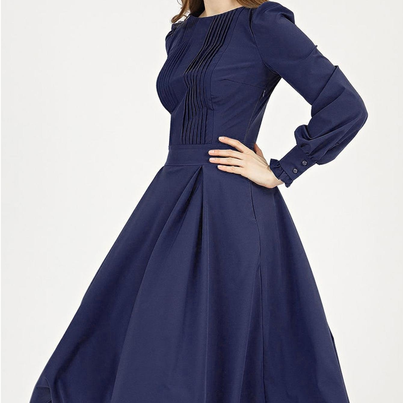 S.FLAVOR – robe Midi classique à manches longues pour femmes, élégante, col rond, couleur marine, tenue de travail, printemps été 2022