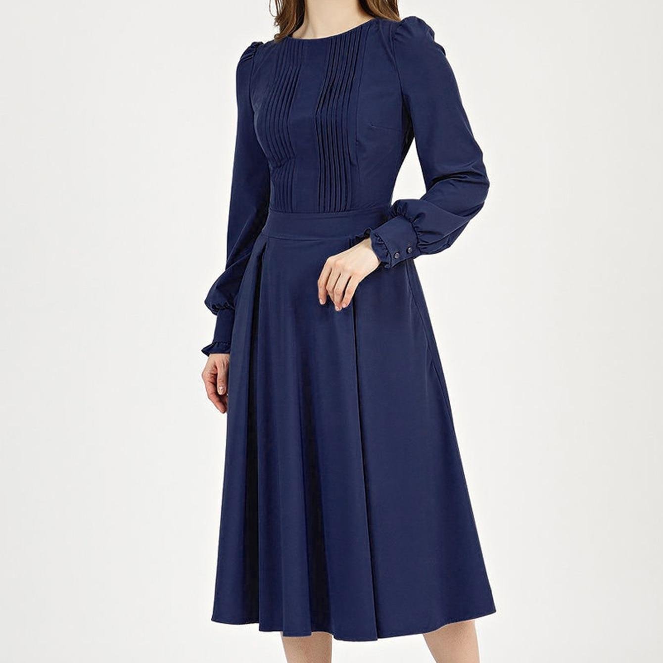 S.FLAVOR – robe Midi classique à manches longues pour femmes, élégante, col rond, couleur marine, tenue de travail, printemps été 2022