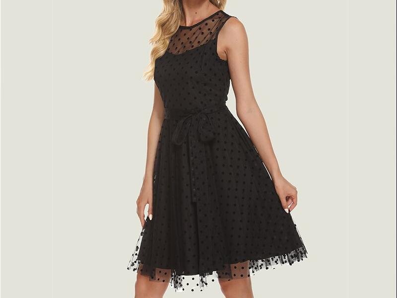 S.FLAVOR – robe de boîte de nuit en maille noire Patchwork, Sexy, ajouré, sans manches, Vintage, ligne a, Chic, mi-longue, pour femmes