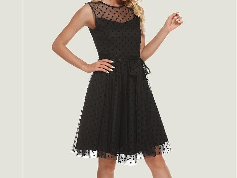 S.FLAVOR – robe de boîte de nuit en maille noire Patchwork, Sexy, ajouré, sans manches, Vintage, ligne a, Chic, mi-longue, pour femmes
