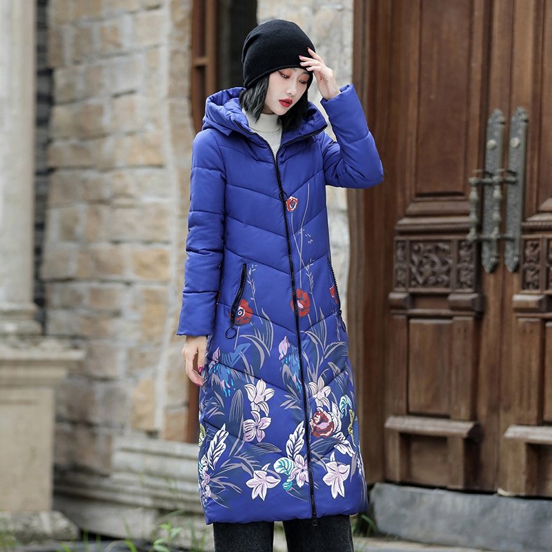 Nouveau manteau d'hiver épais matelassé pour femme, Parka en coton rembourré à capuche, Long imprimé, grande taille