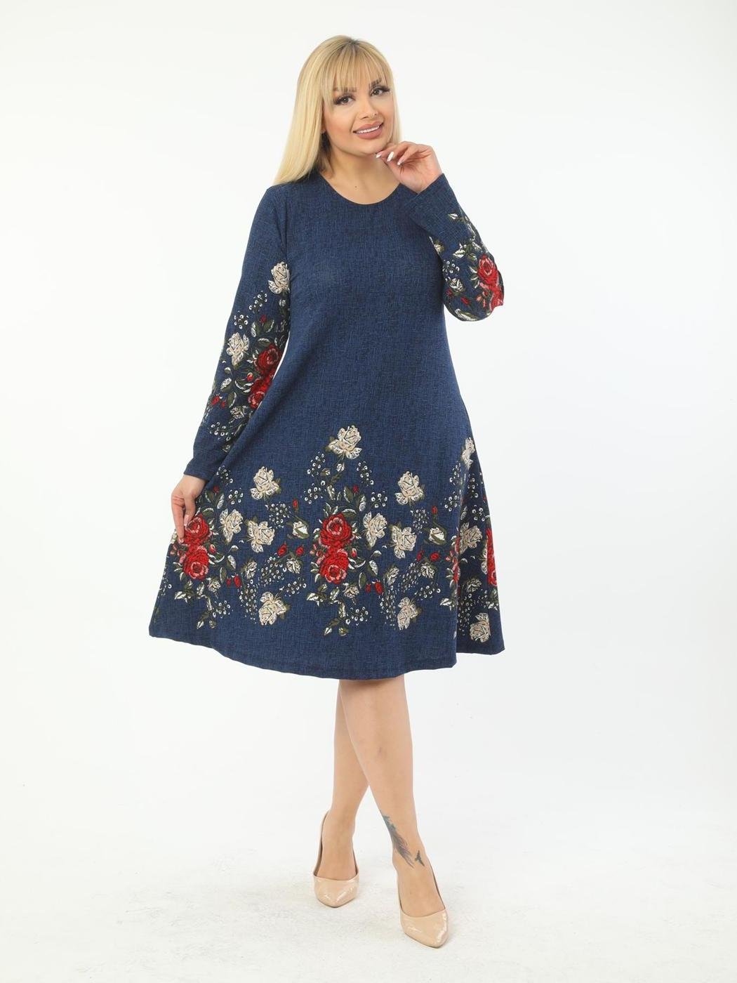 Vêtements pour femmes, grande taille, tenue florale décontractée, bleue, manches longues, longueur aux genoux, en Lycra, en crêpe tricotée, fabriquée en turquie, été, 2022, XL 2XL 3XL 4XL