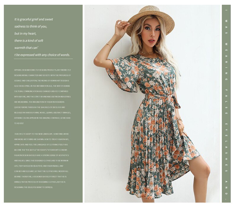 Jimmy & NORA – robe plissée à imprimé Floral pour femmes, tenue décontractée à manches courtes, avec col rond et ceinture, longueur aux genoux, été, 2022