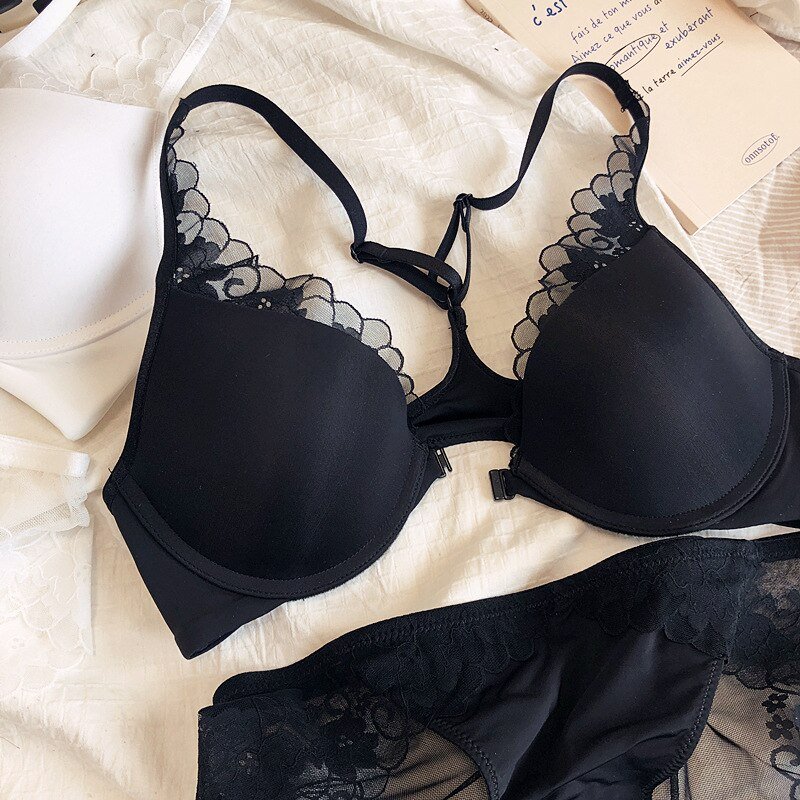 Ensemble de Lingerie fine et brillante pour femmes, soutien-gorge et culotte à fermeture frontale en dentelle, bonnet croisé, sous-vêtements Push Up