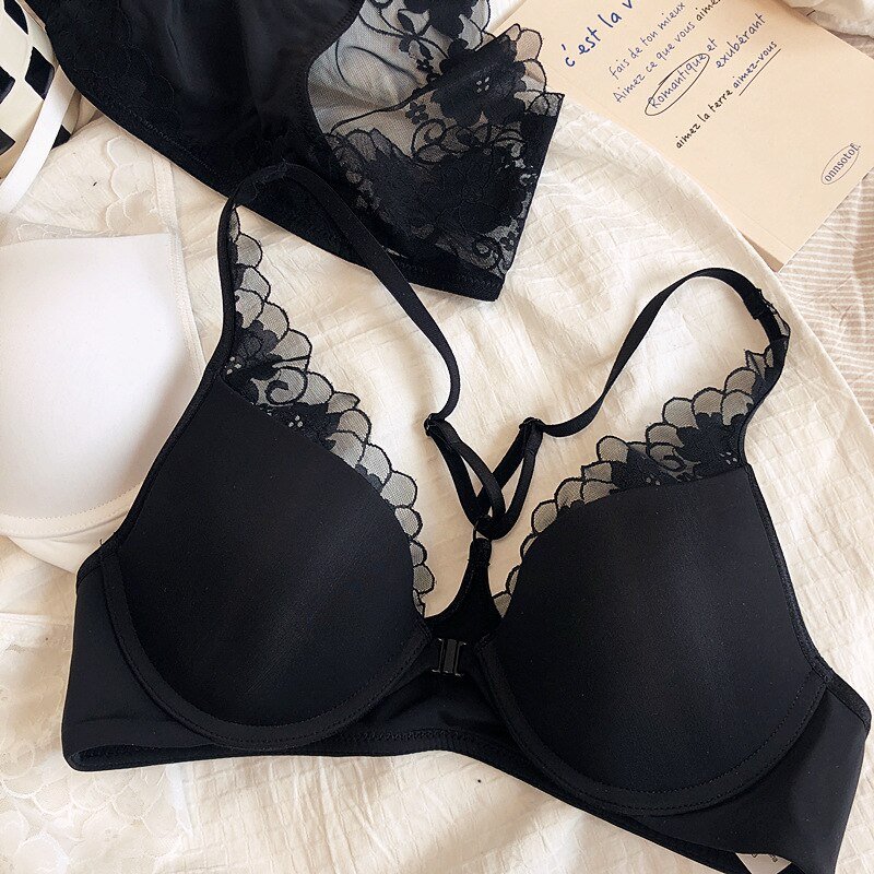 Ensemble de Lingerie fine et brillante pour femmes, soutien-gorge et culotte à fermeture frontale en dentelle, bonnet croisé, sous-vêtements Push Up